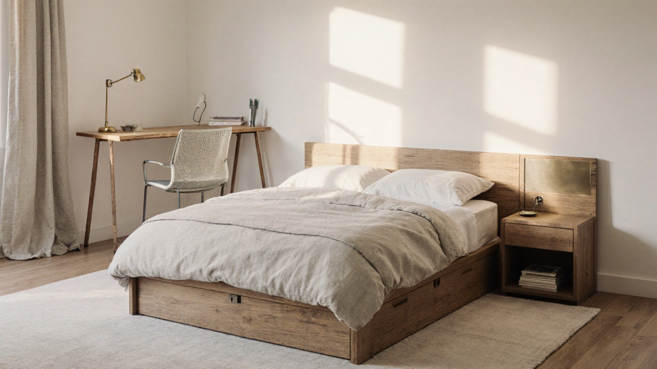 A bedroom with a storage bed, charging headboard, and standing desk, blending rustic and modern textures in soft light.