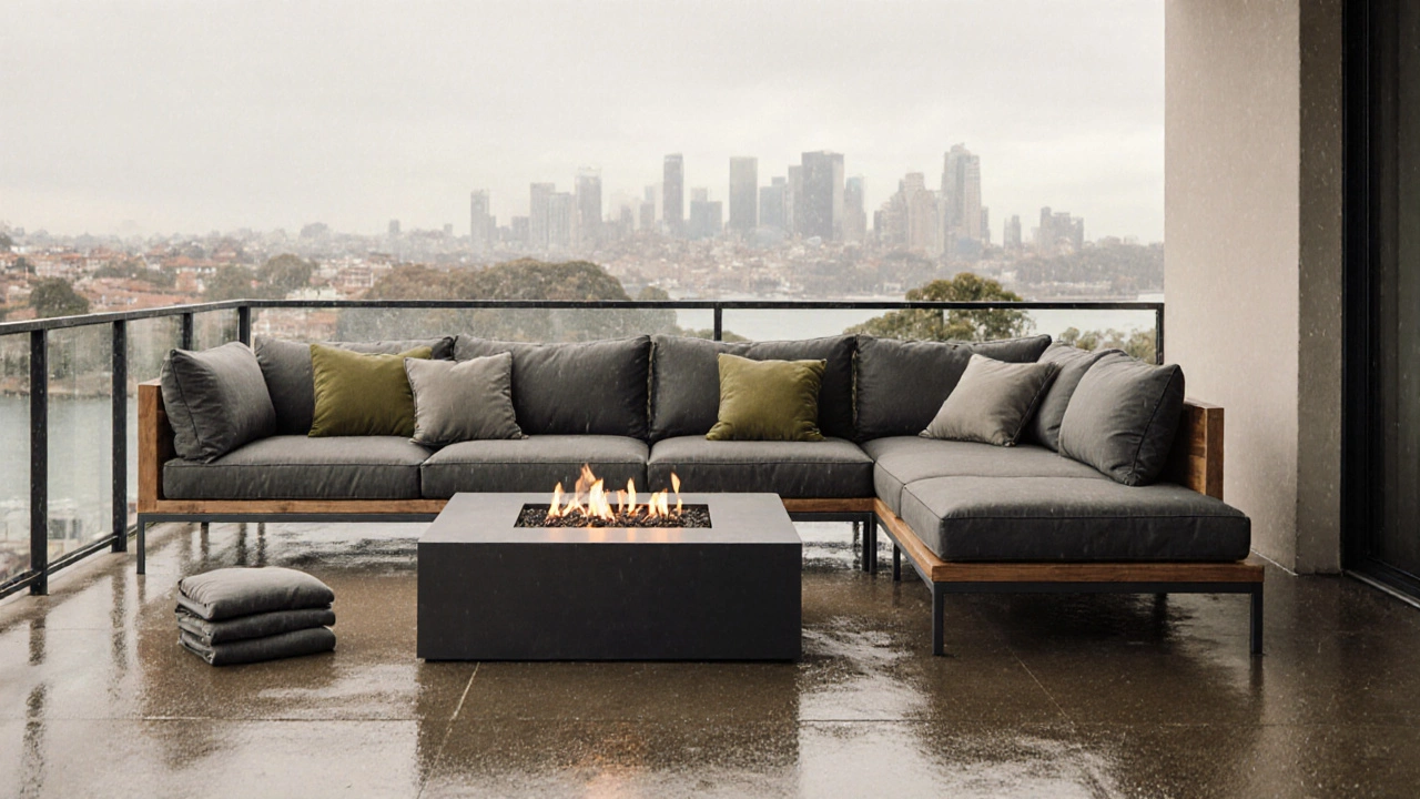 A modular outdoor sectional with fire pit on a rainy Sydney balcony, featuring weather-resistant cushions and teak frames.