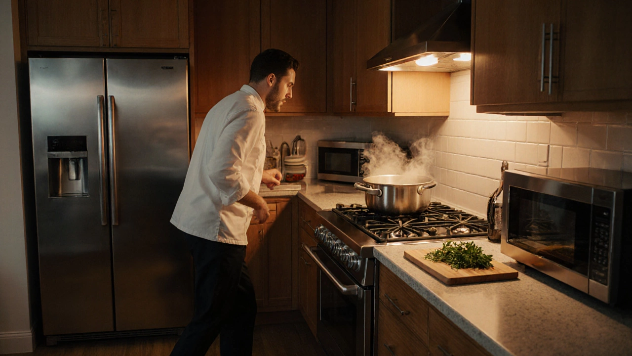 Chef moving between well‑spaced appliances with steam and ventilation visible.
