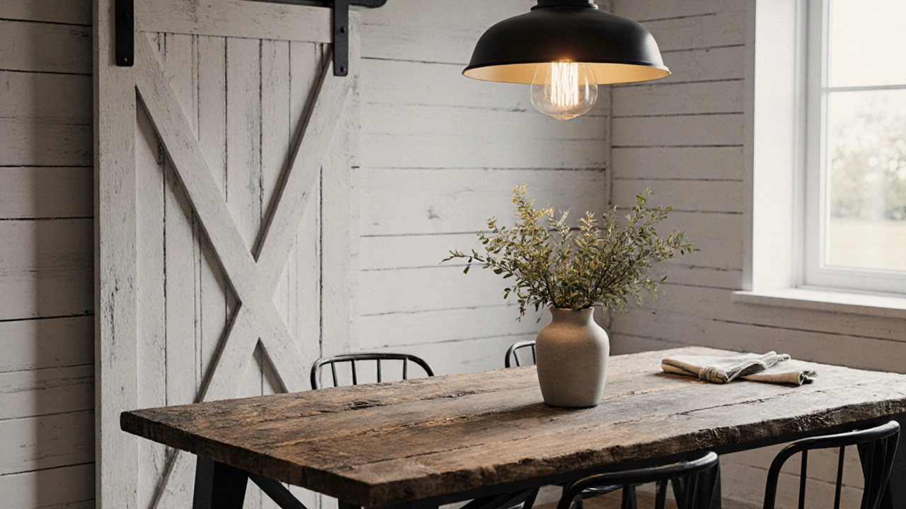 Close‑up of shiplap wall, open barn door, reclaimed wood table, black metal light, and green vase.