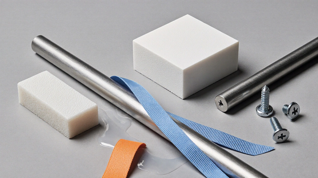 Close‑up of UV‑coated polypropylene, anodized aluminum, HDPE, and stainless‑steel hardware textures.