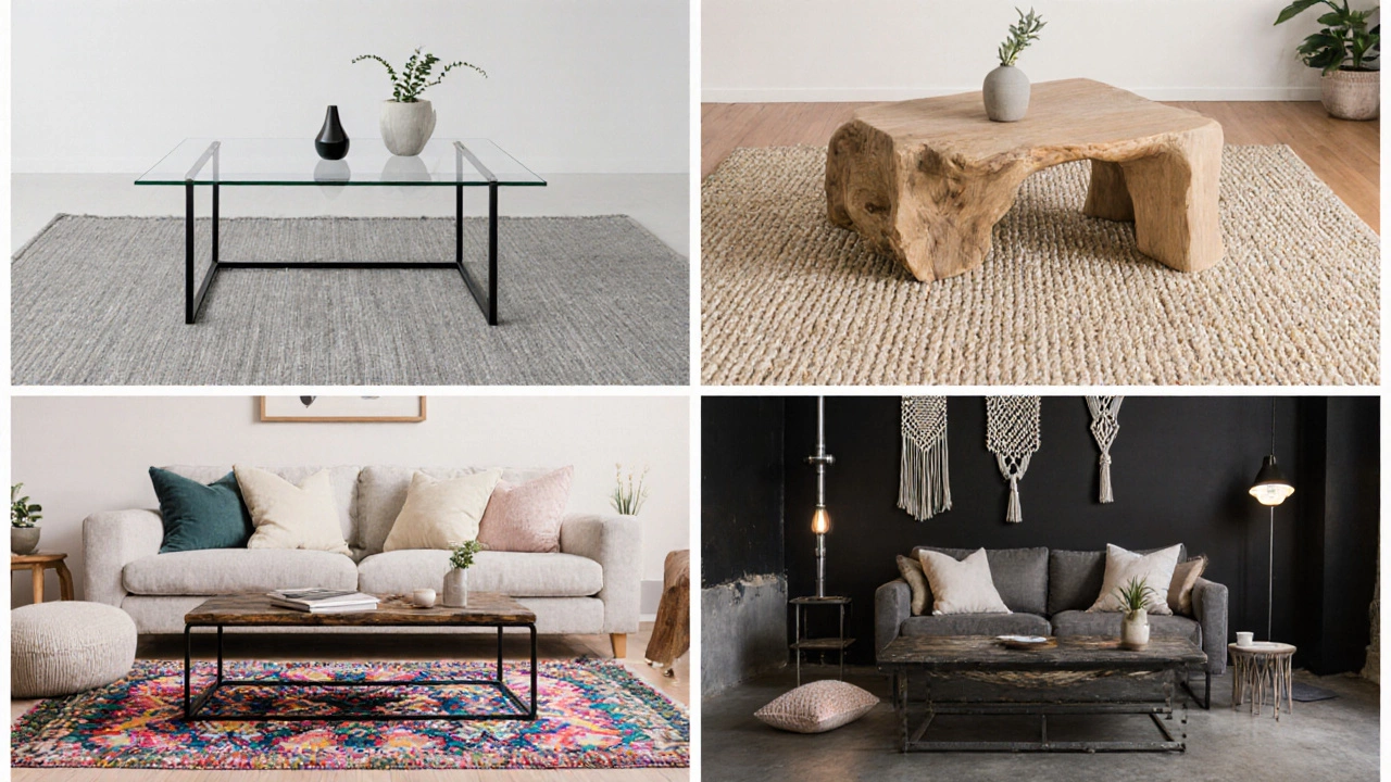 Collage of four interior styles showing coffee tables on different rugs: modern, Scandinavian, boho, industrial.