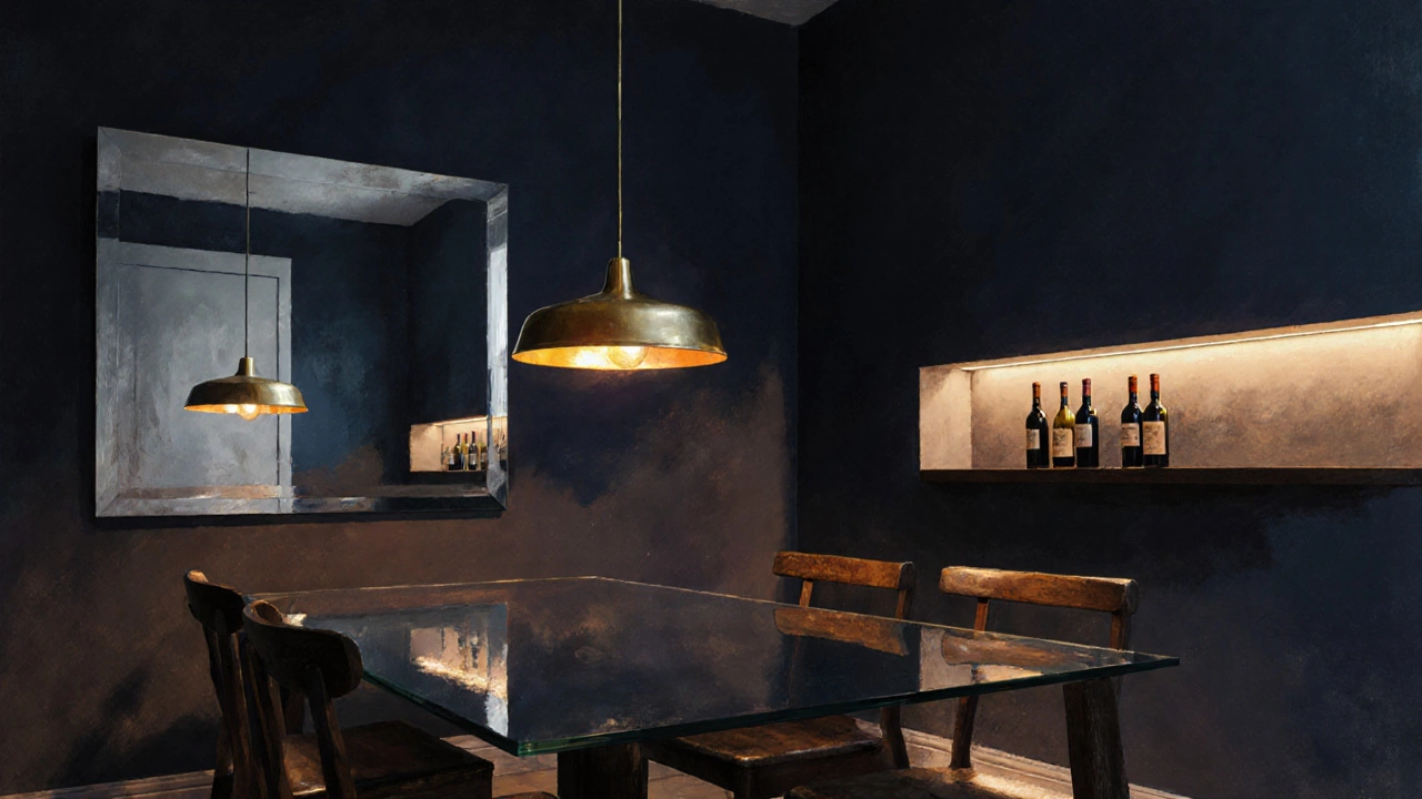 Cozy dark dining room featuring a brass pendant lamp over a glass table and mirrored wall accent.