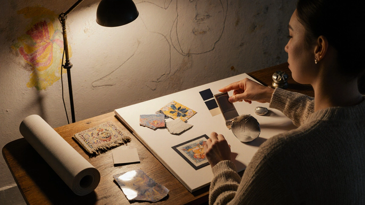 Design studio with wall‑art samples on a table and a partially painted mural on the wall.