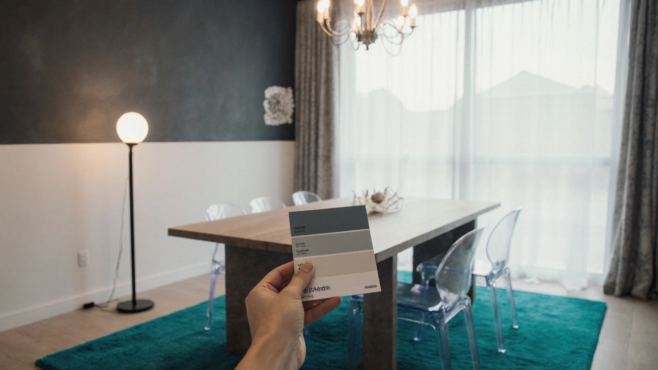 Designer testing paint swatch and lamp in a mixed‑light dining room with dark accent wall and teal rug.