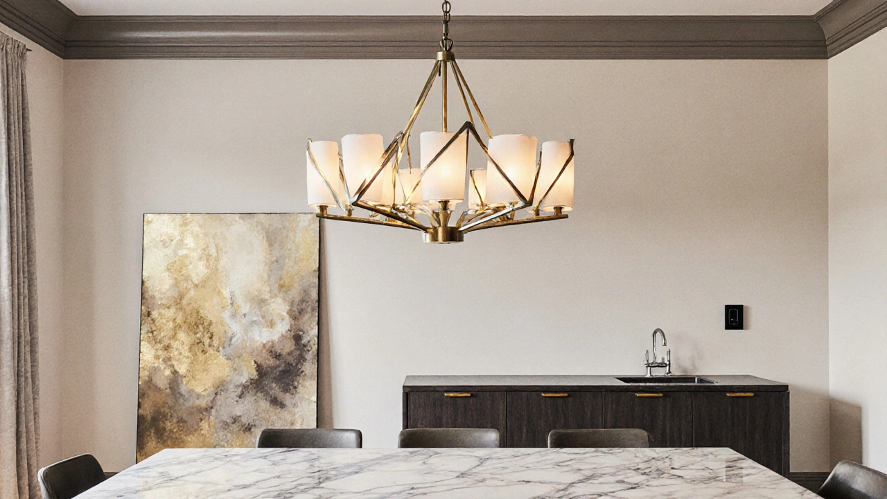 Dining area featuring a brushed‑brass pendant chandelier, crown molding, and matte black hardware.