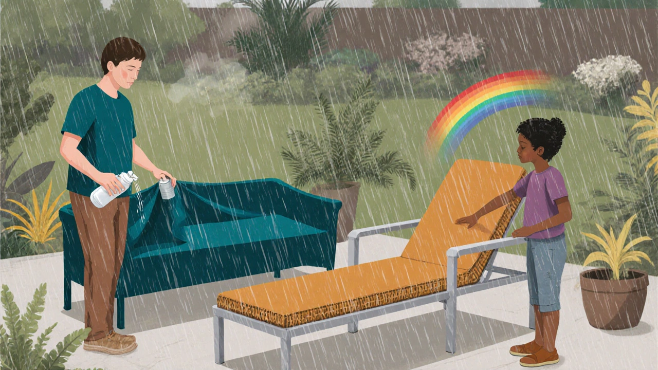 Family cleaning and covering outdoor furniture as rain falls, showing a maintenance routine.