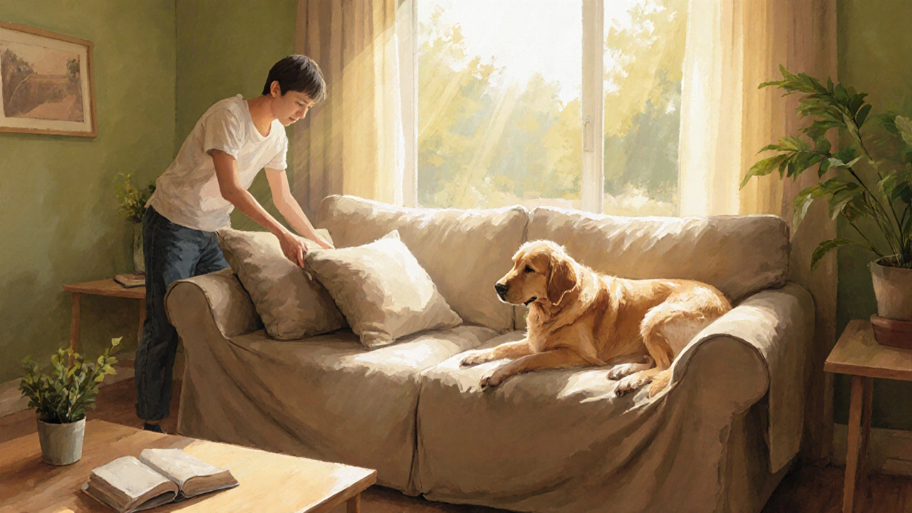 Family rotating a sofa cushion on a slipcovered couch while a dog lounges nearby in a sunny living room.