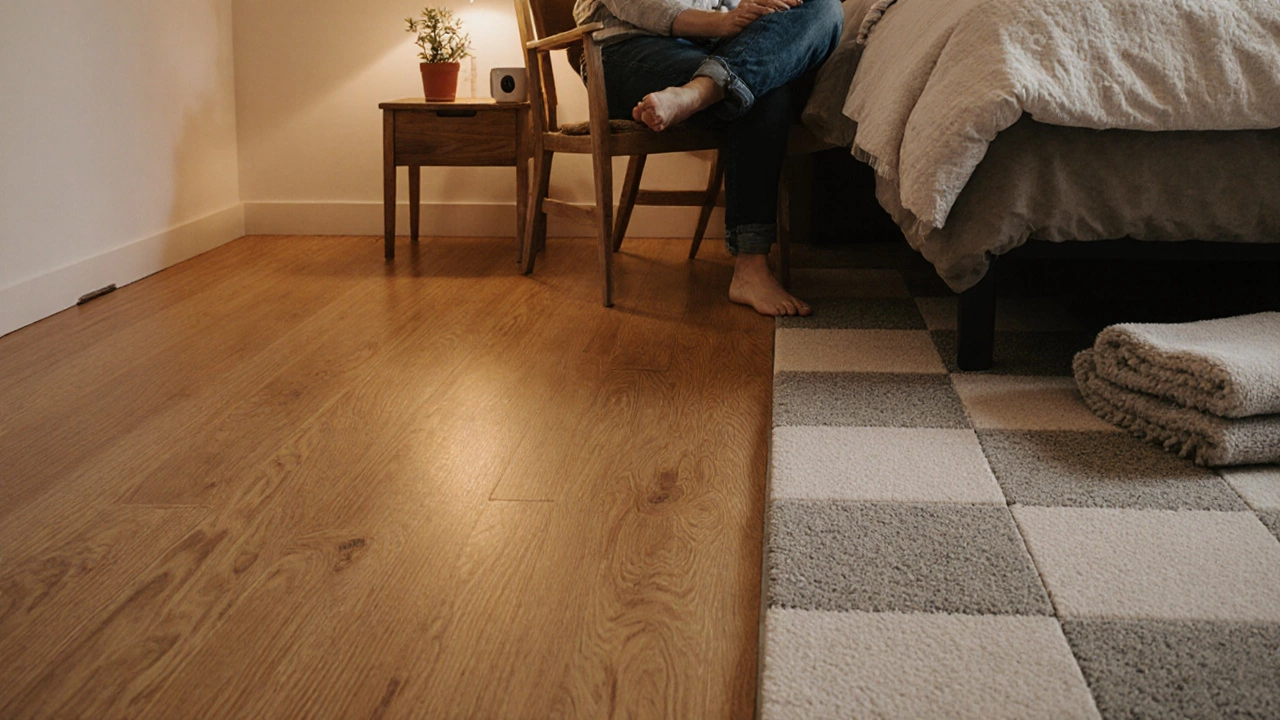 Finished bedroom showing vinyl planks beside carpet tiles with a homeowner sitting on a chair.