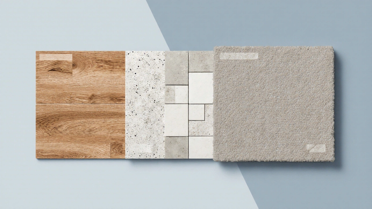 Five flooring material samples displayed side by side: vinyl, laminate, peel‑and‑stick tiles, painted concrete, carpet tiles.
