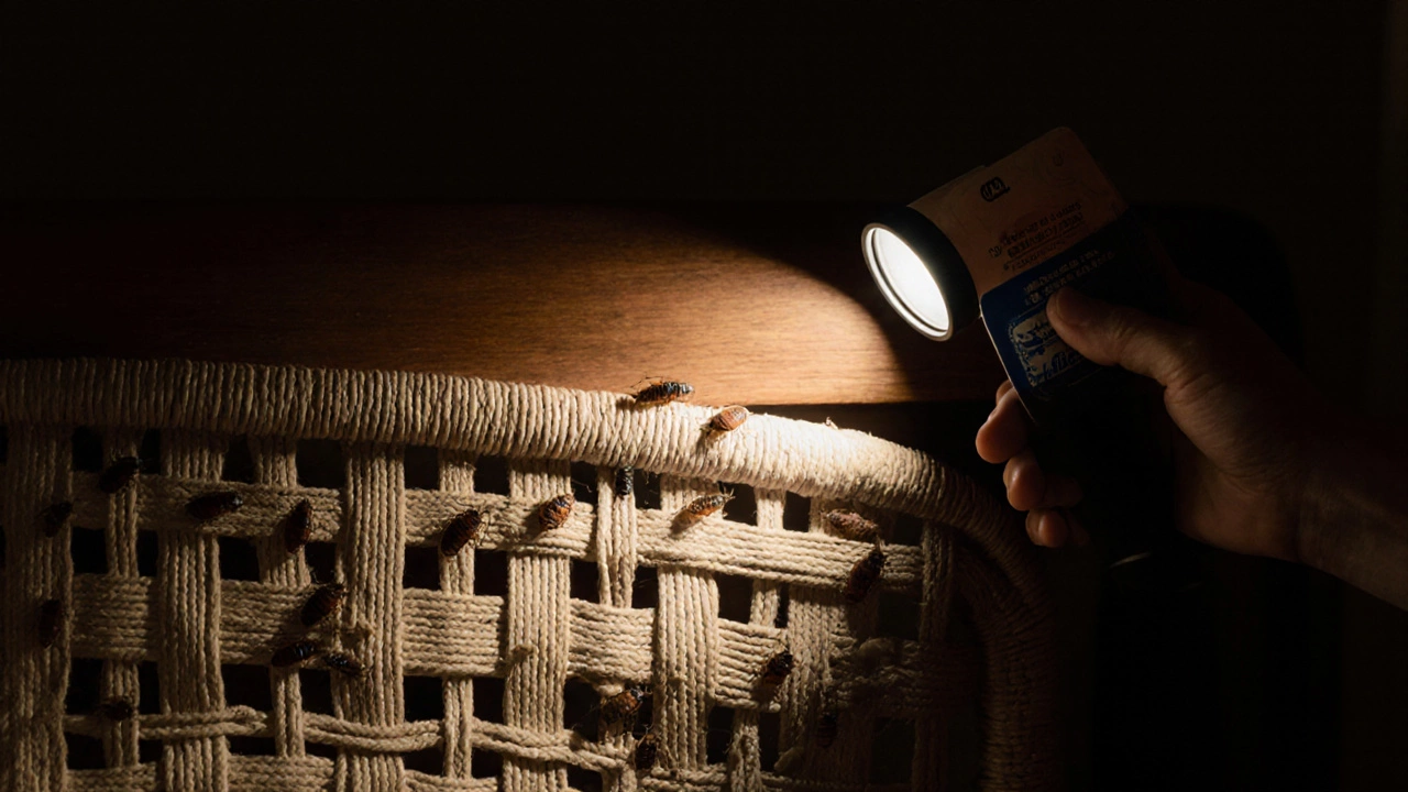 Flashlight illuminating bed bugs beneath a wicker headboard, with shed skins and dark stains visible.