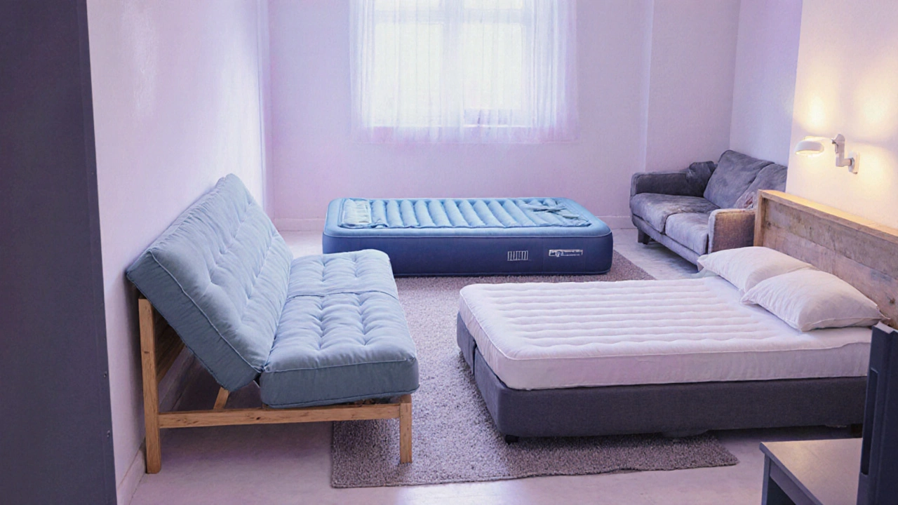 Futon, air mattress, and adjustable bed displayed as alternatives in a studio space.