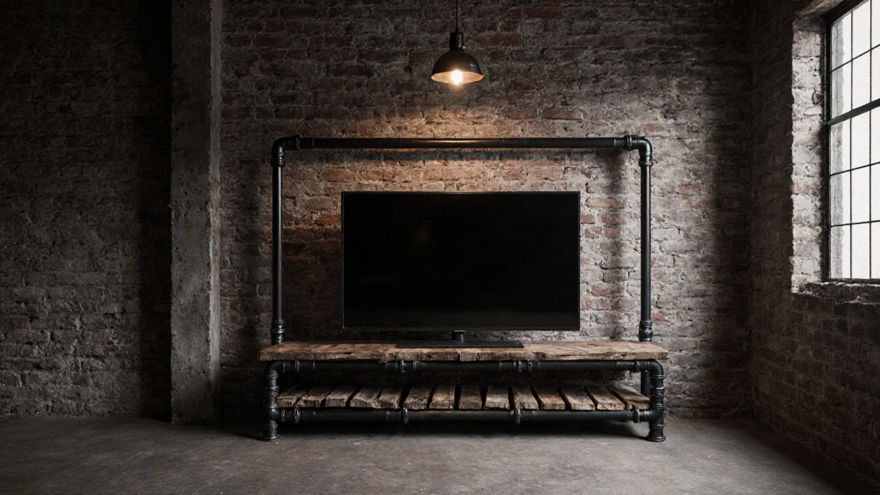 Industrial pipe rack stand holding a TV with wooden shelves in a loft space.