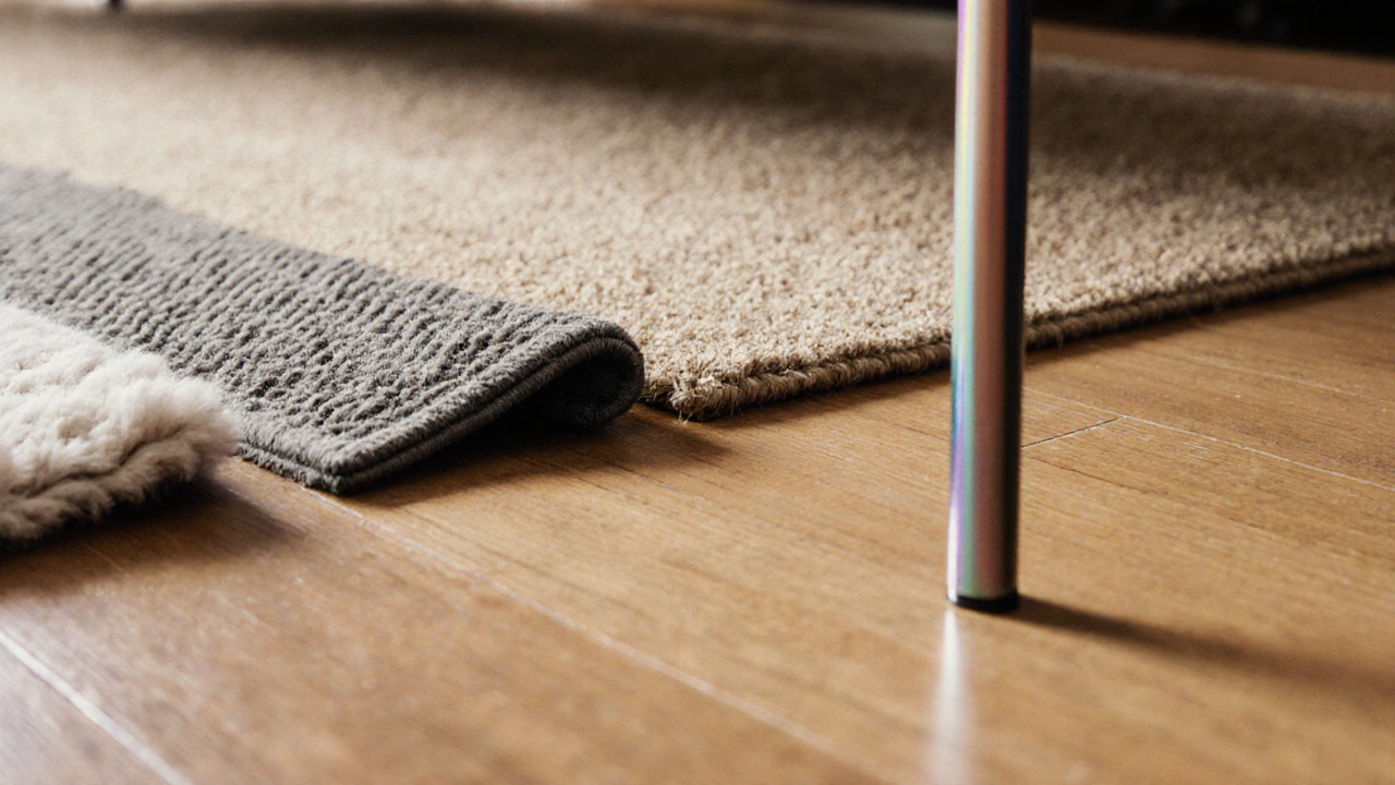 Macro view of four rug materials (wool, polypropylene, jute, silk) each supporting a coffee table leg.