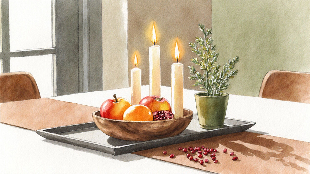 Minimalist tray holding candles, fruit bowl, and herb pot on a rectangular table.