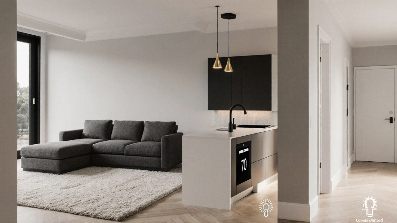 Open‑plan home collage showing minimalist living space, kitchen island with smart tech, and hallway molding.