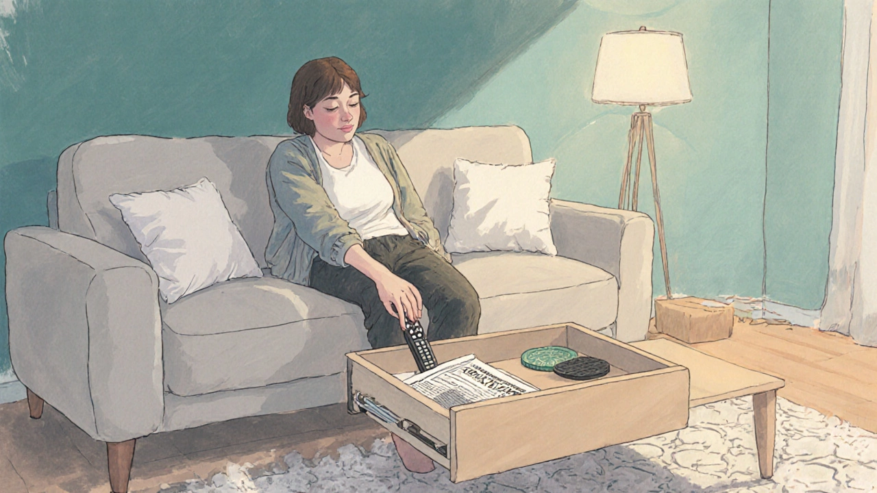 Person seated on sofa reaching into a coffee table drawer for a remote.