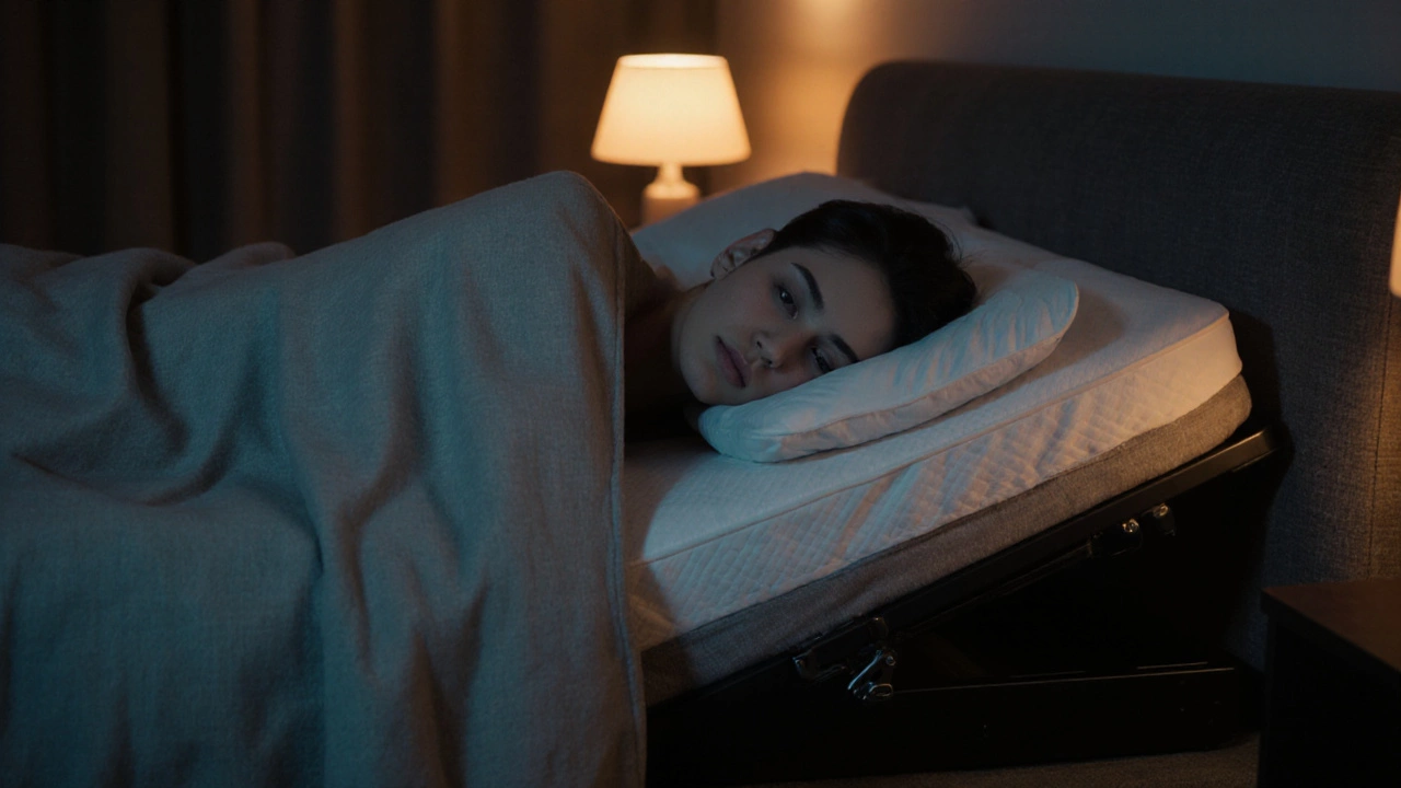 Person sleeping comfortably on a pull‑out sofa bed with a latex topper at night.