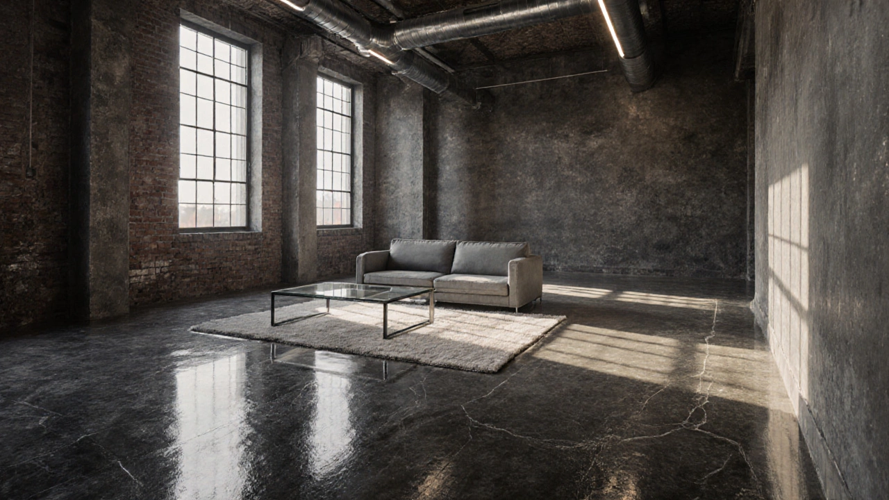 Polished concrete floor in an industrial loft with recessed lighting and minimalist furnishings.