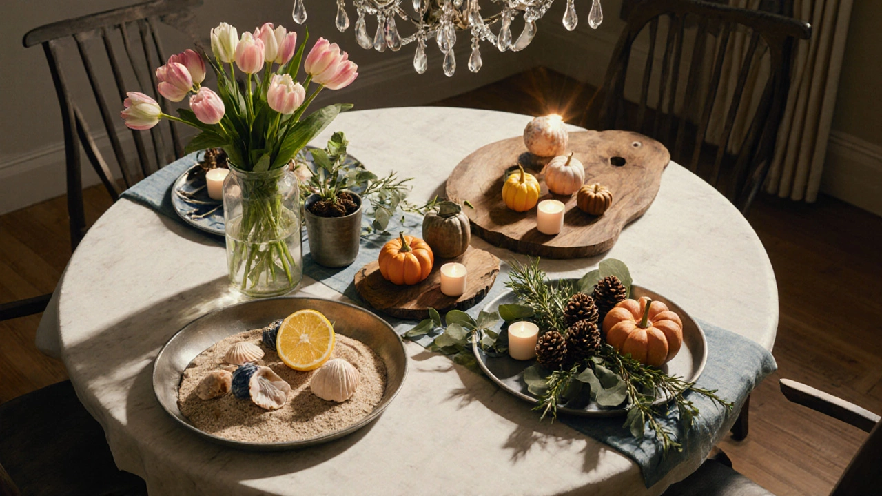 Round table showing four seasonal centerpiece sections with flowers, shells, pumpkins, and pine cones.