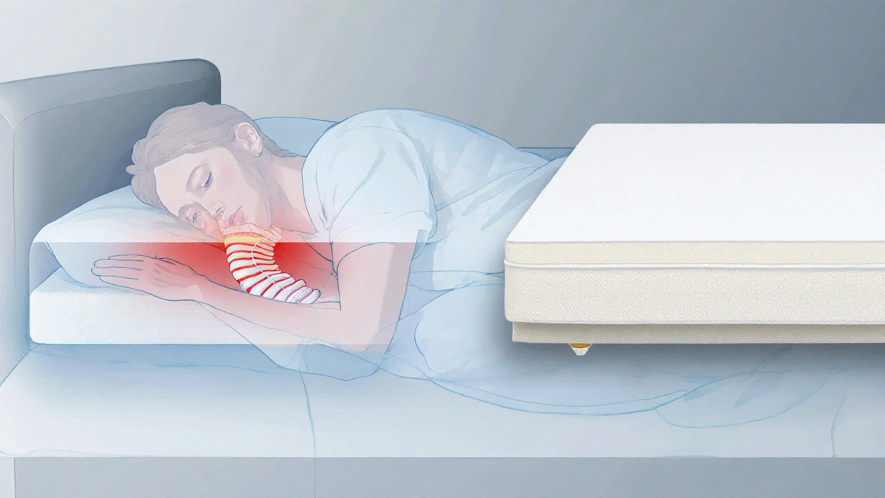 Side sleeper on sofa bed with highlighted spine showing poor support.