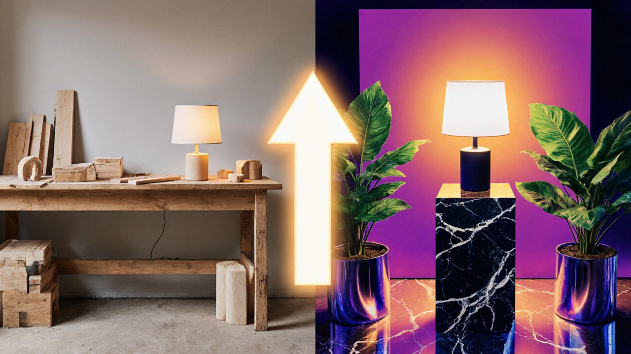 Split scene showing cheap workshop materials versus expensive boutique lamp display with rising arrow.