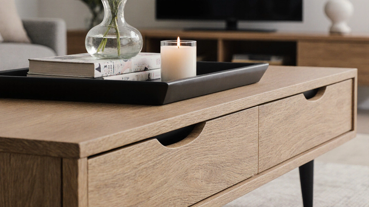Styled coffee table with sleek recessed handles, decorative tray, and neutral‑facing drawer.