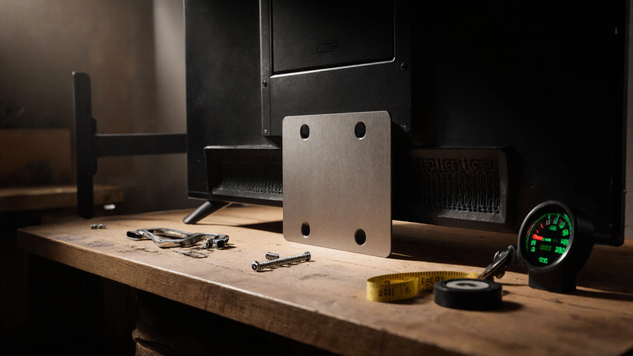 Technician fitting a universal adapter plate to an older Samsung TV with tools and wall mount nearby.