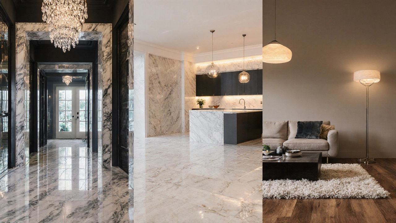 Three interior scenes showing marble, glossy porcelain tile, and luxury vinyl plank flooring.