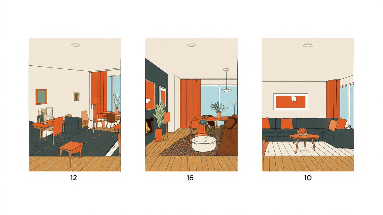 Three living‑room layouts showing different couch‑to‑table distances.