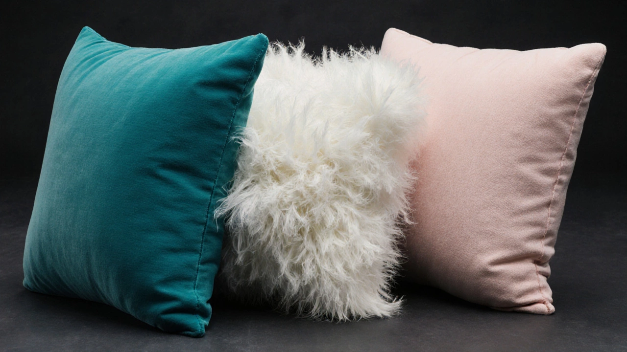 Three side‑by‑side sofa cushions displaying different fills—HR foam, feathers, and synthetic down—with distinct fabric covers.