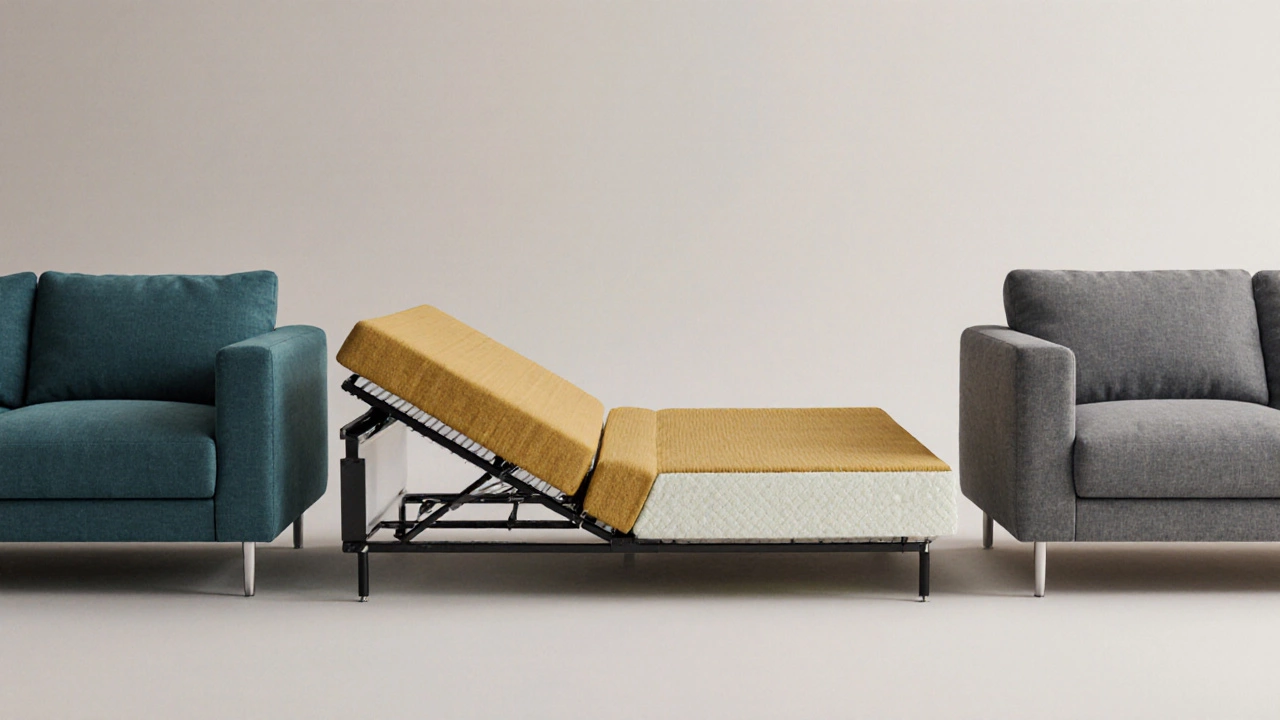 Three sofa‑bed types illustrated side by side with exposed mattress layers.