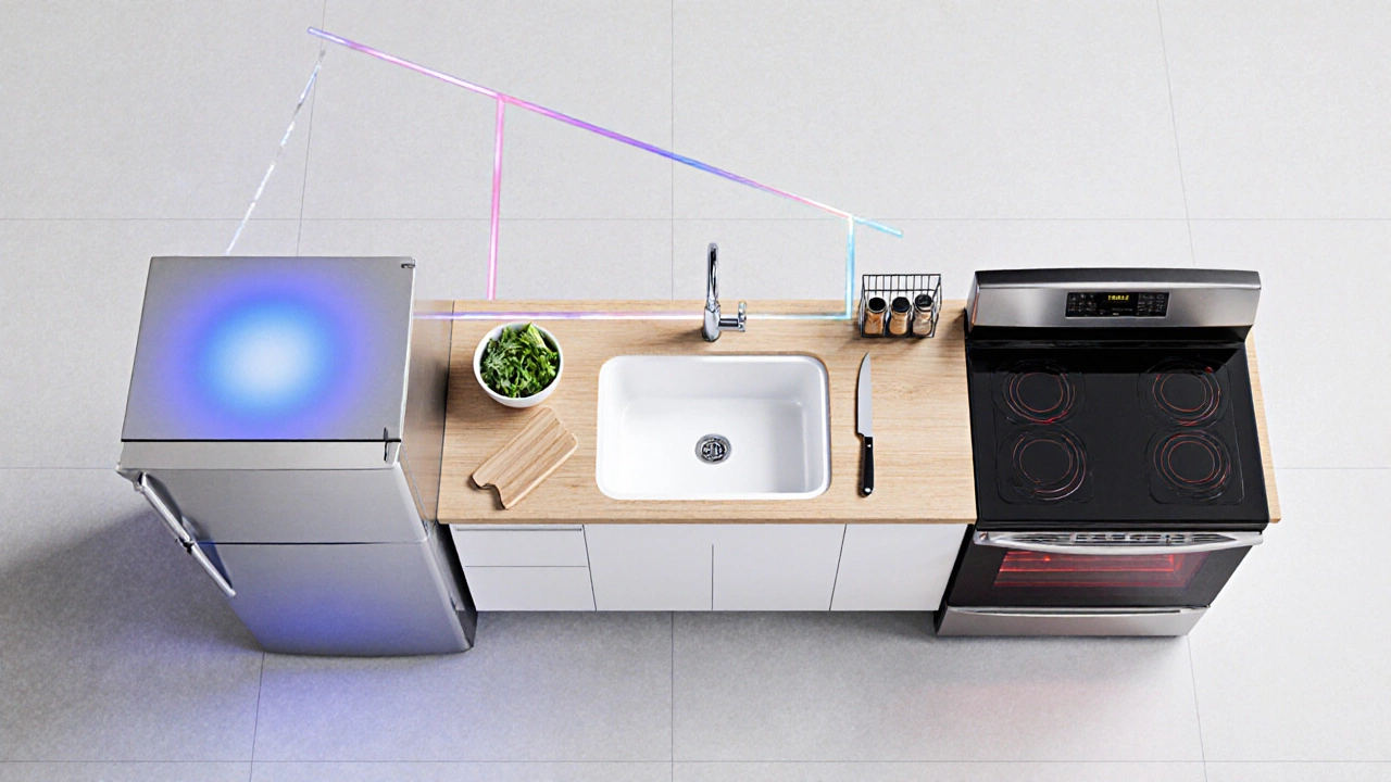 Top-down view showing refrigerator, sink, and oven forming a work triangle.
