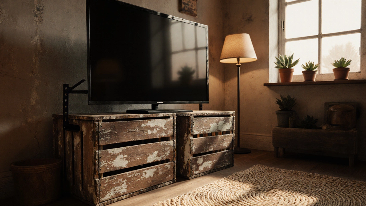 TV positioned on stacked reclaimed wooden crates in a cozy cottage setting.
