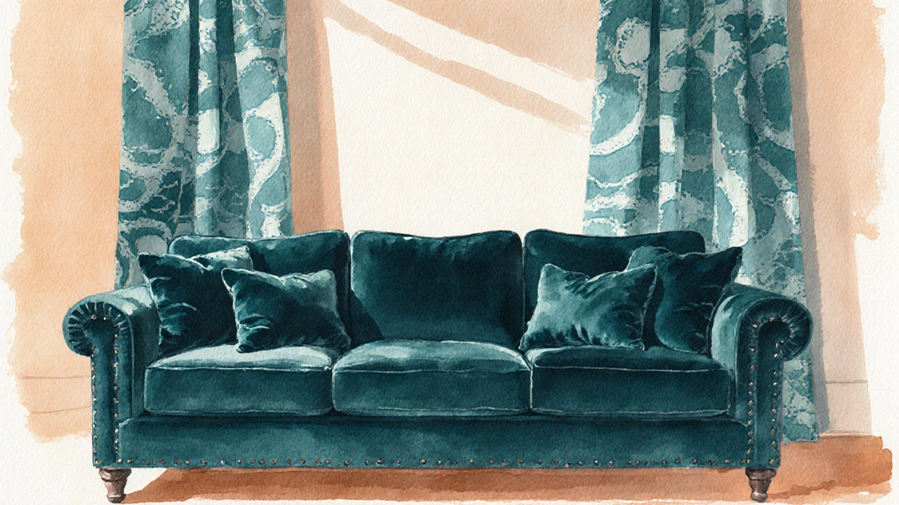 Watercolor illustration of a teal sofa with matching knee‑high curtains.
