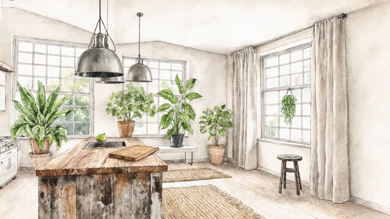 Watercolor of kitchen with reclaimed wood island, recycled metal lights, indoor plants, and natural textures.