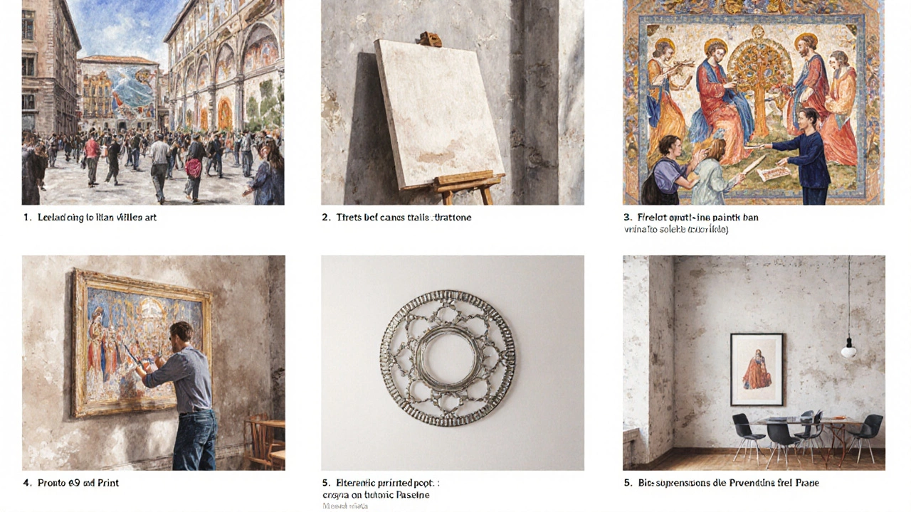 Watercolor panels showing mural, canvas, tapestry, fresco, print, and sculpture without text.