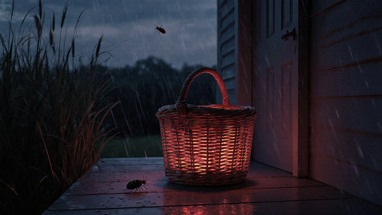 Wicker basket on a porch at dusk, glowing faintly inside as a bed bug crawls toward a door.