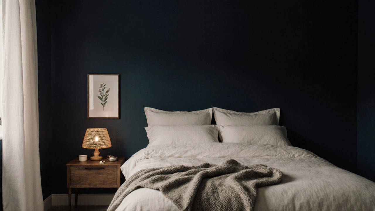 A calming bedroom with deep navy walls, cream bedding, and wooden accents in gentle ambient light.