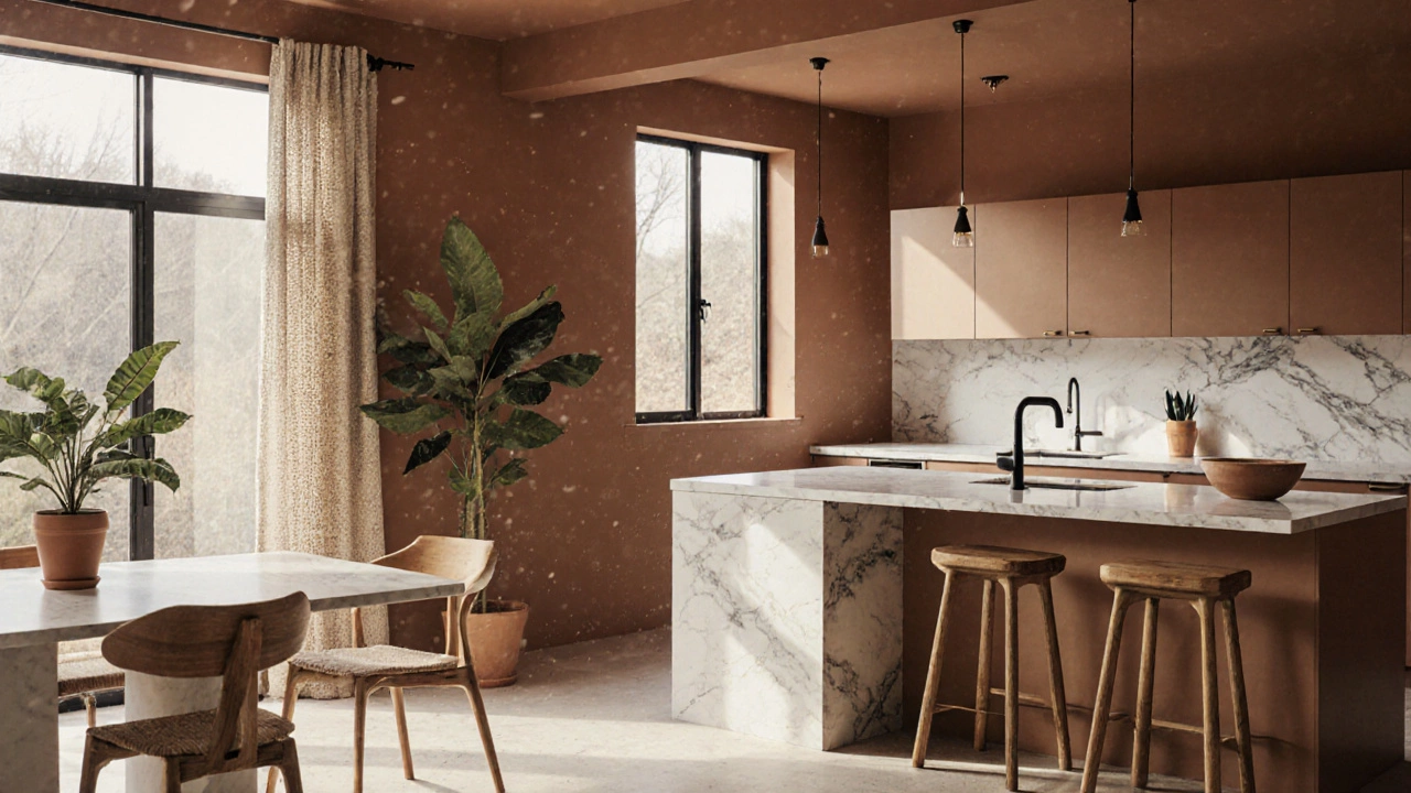 A Clay-colored kitchen with ceramic sink, wooden stools, and potted fiddle-leaf fig under sunlight.