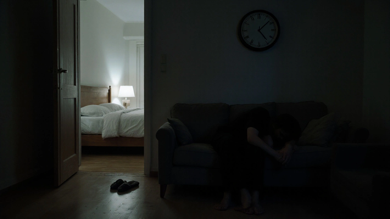 A dark couch in the living room versus a softly lit bed, symbolizing disrupted sleep versus restorative rest.