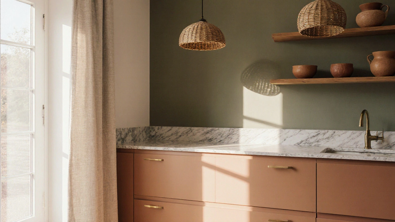 A kitchen with terracotta cabinets, earthy green accent wall, and brass hardware under warm lighting.