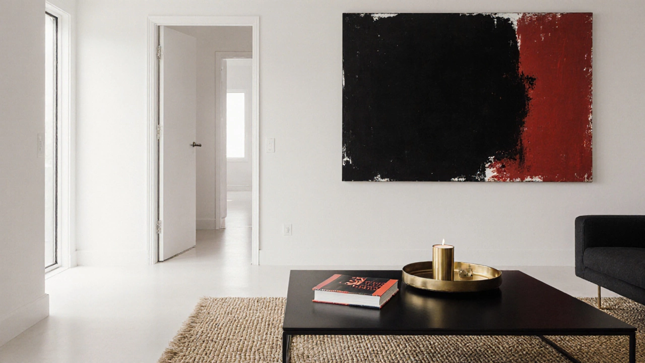 A minimalist coffee table with just three items against a bold abstract artwork on a dark wall.
