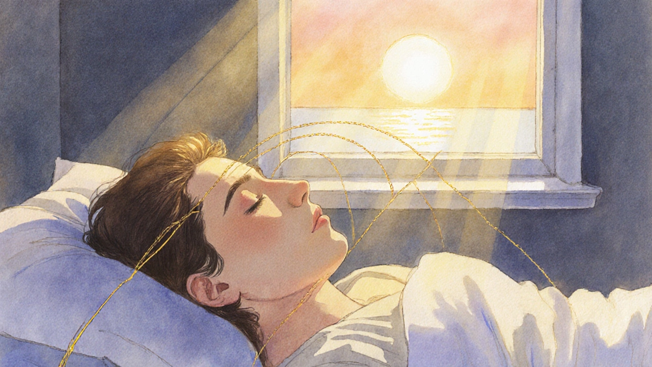 A person sleeping as golden morning light enters from the east, with subtle magnetic lines connecting their head to the rising sun.