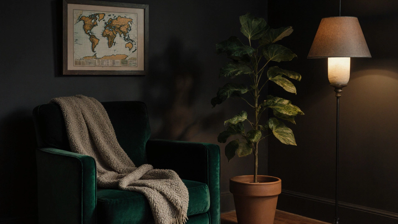 A velvet armchair with a wool throw and ceramic lamp beside a tall plant in a terracotta pot.