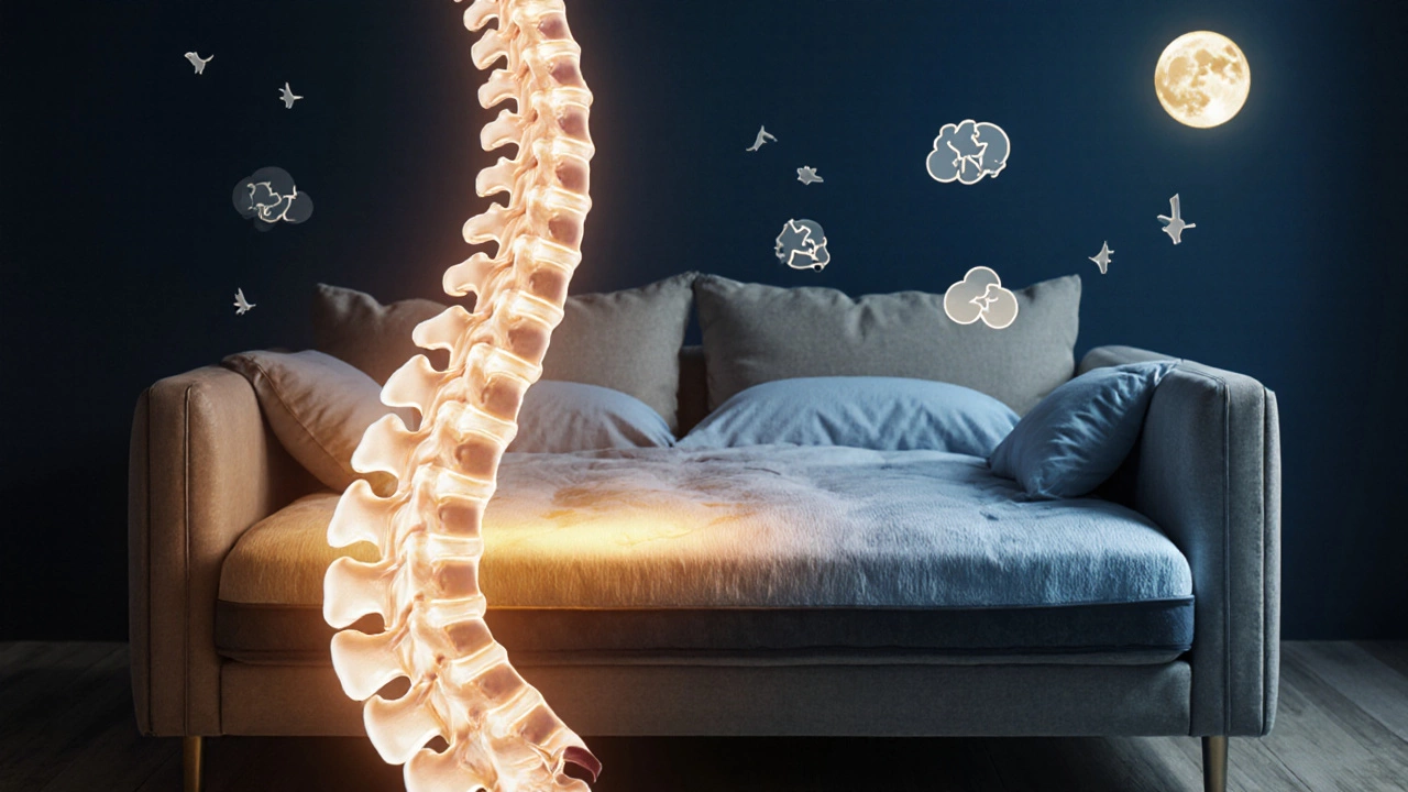 Anatomical illustration comparing a distorted spine on a couch to a straight spine on a supportive bed.