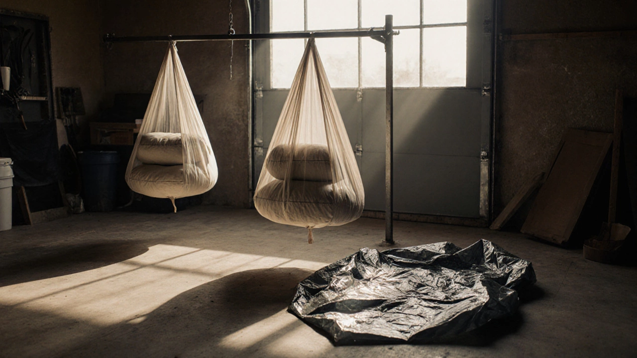 Breathable storage bags holding cushions upright in a dry garage, plastic tarp discarded.