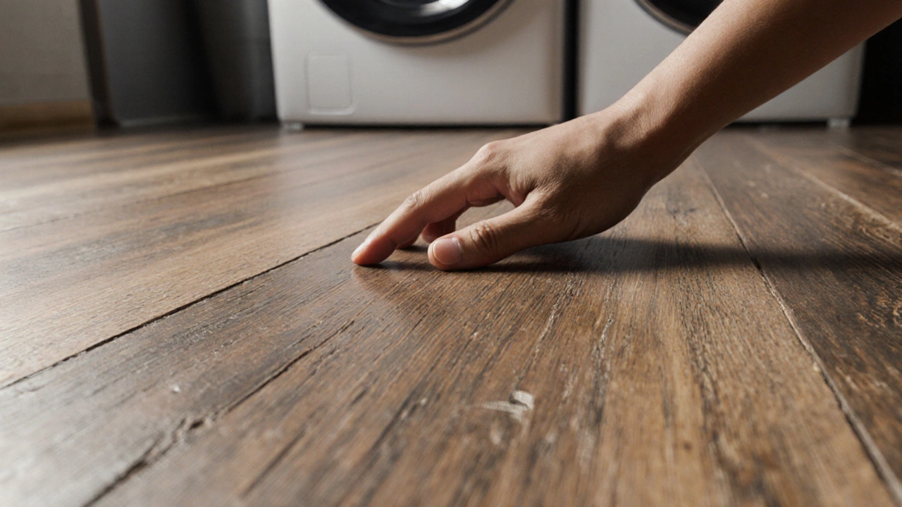 Close-up of textured luxury vinyl plank flooring with realistic wood grain, hand running across its surface.