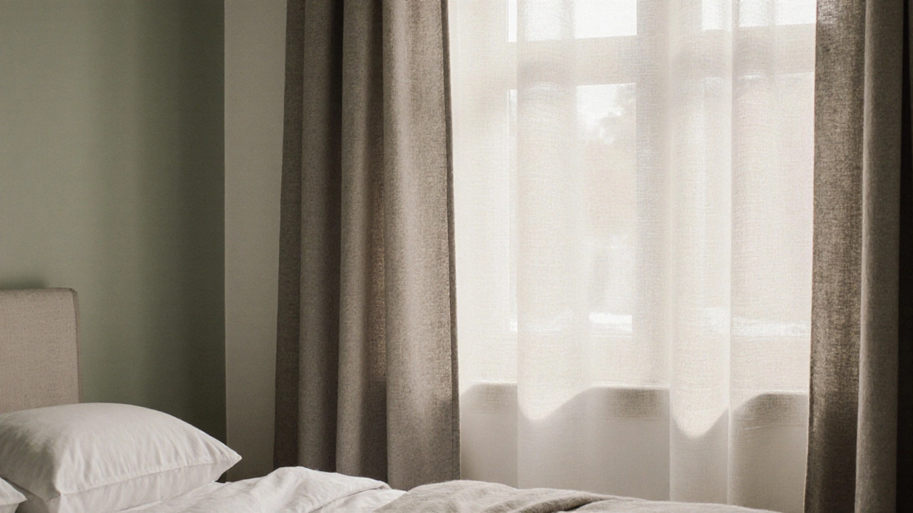Layered neutral curtains in taupe and off-white filtering soft morning light in a quiet bedroom.