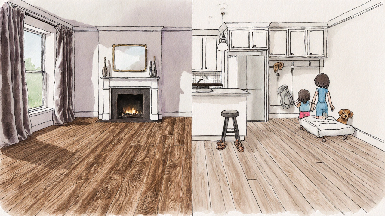 Split floor plan showing reclaimed oak in a living room and luxury vinyl plank in a kitchen, blending durability with elegance.